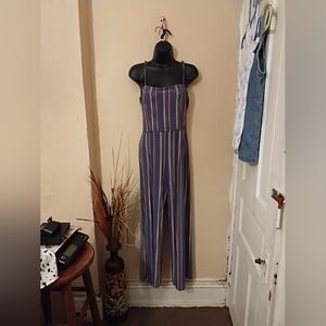 Ambiance Blue W/Red & White Stripes Jumpsuit Blouson Waist Palazzo Legs Sz Med
